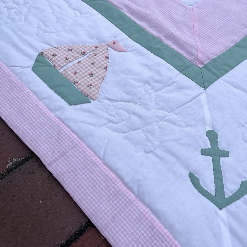 Handmade Sailboat Girls Crib Quilt, Green, White, Pink, One Of A Kind 42